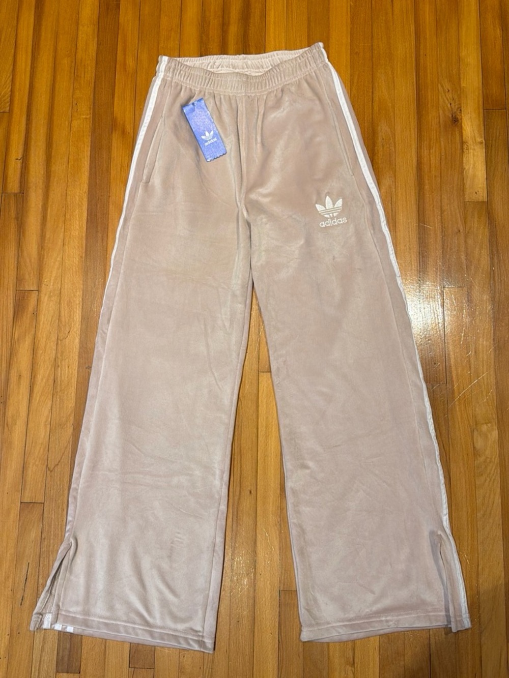 adidas Beige Velour Track Pants with White Stripes